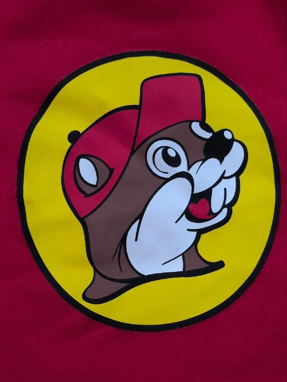 Vibrant Red Dog Hoodie with Playful Buc-ee's Mascot Graphic Size L